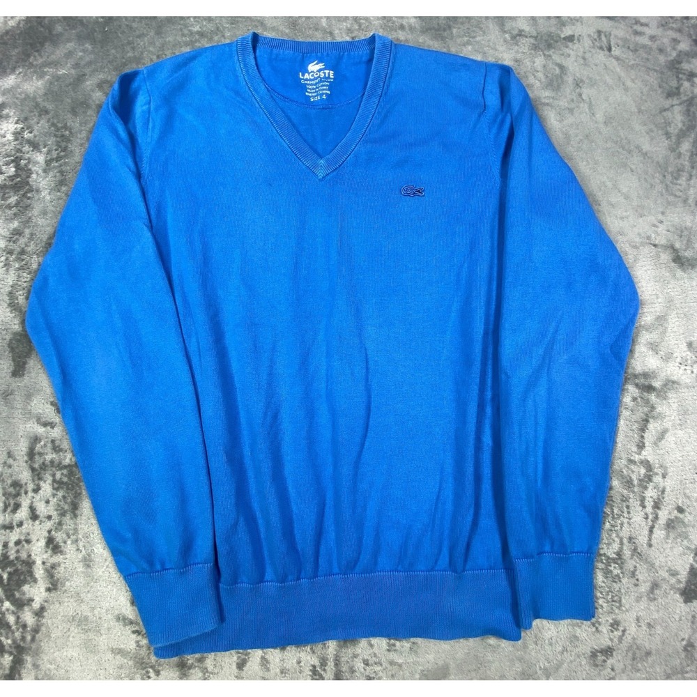 Lacoste Womens Sweater Size 4 Blue Long Sleeve V Neck Pullover All Cotton *Flaw